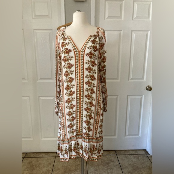 Loft Floral Stripe Split Neck Swing Dress size M - Picture 3 of 11